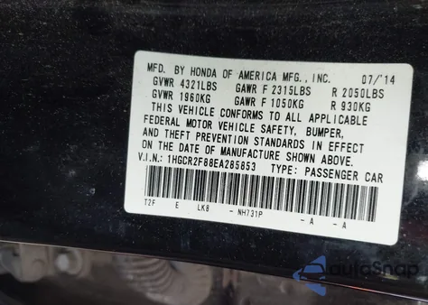2014 Honda Accord Ex-L from USA, damaged, VIN 1HGCR2F88EA285853